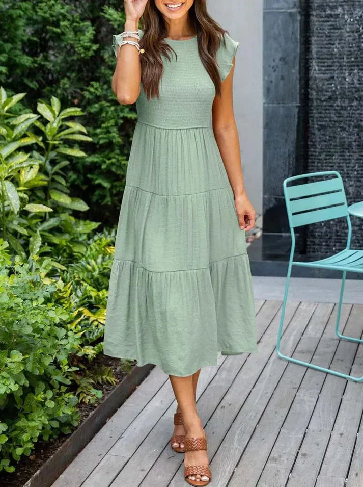 Sommerkleid Damen A-Linie mit Plissee und kurzen Flügelärmeln