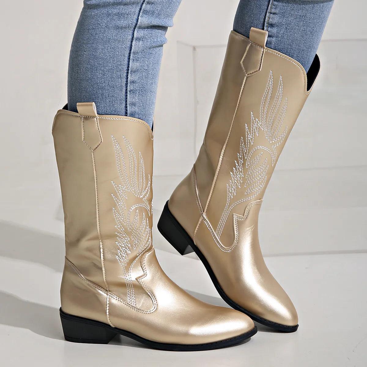 Damen Cowboy Stiefel aus PU-Leder mit Bequemer Innenfutter