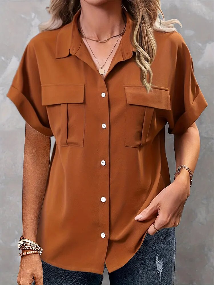 Damen Bluse - Kurzarm Button-Up - Brusttaschen & Klassischer Kragen - Lockerer Sitz