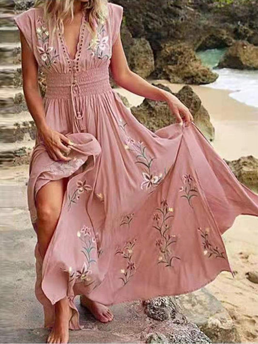 Damen Sommerkleid mit V-Ausschnitt und Blumenmuster