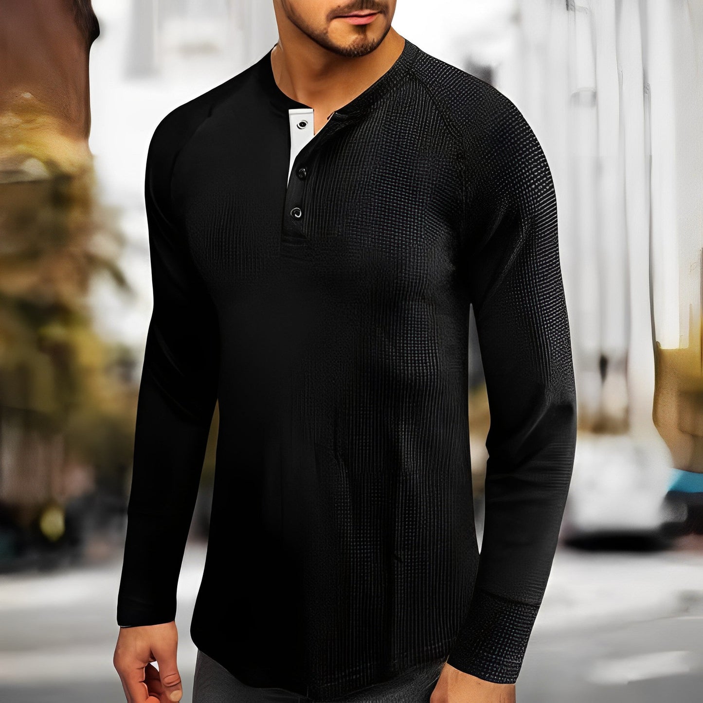 Herren Henley Shirt – Waffelstrick – Regular Fit – Langarm mit Knopfleiste – Casual