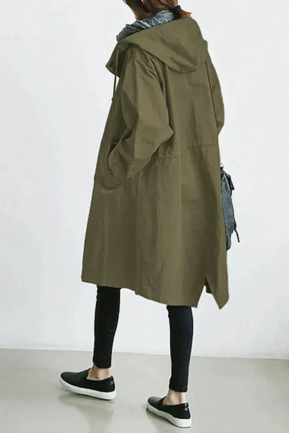 Damen Trenchcoat – Oversized Passform – Knopfverschluss – Mit Kapuze & Taschen