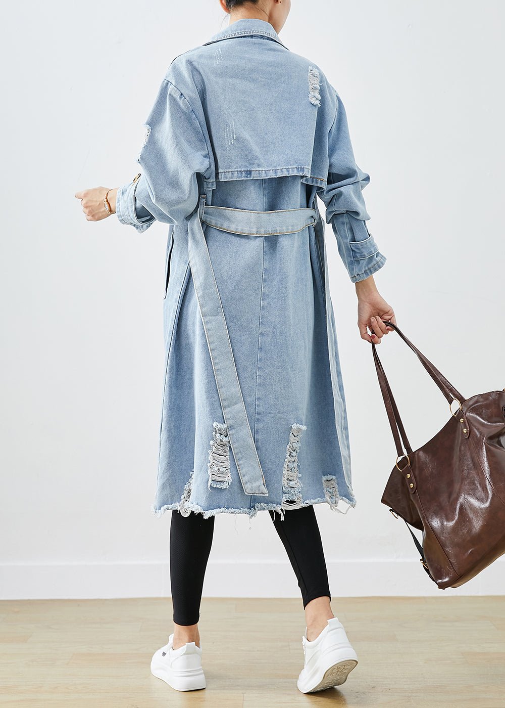 Damen Trenchcoat – Denim – Doppelreihig – Notch-Kragen – Langer Schnitt – Used-Look