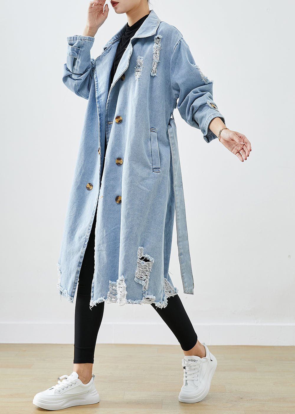 Damen Trenchcoat – Denim – Doppelreihig – Notch-Kragen – Langer Schnitt – Used-Look