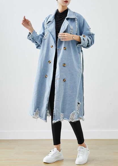 Damen Trenchcoat – Denim – Doppelreihig – Notch-Kragen – Langer Schnitt – Used-Look