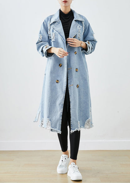 Damen Trenchcoat – Denim – Doppelreihig – Notch-Kragen – Langer Schnitt – Used-Look