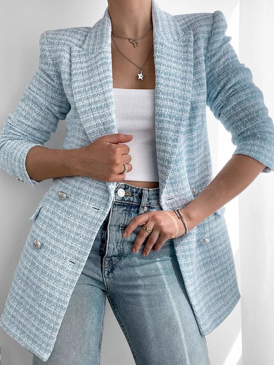 Damen Blazer – Tailliert & Lang geschnitten – Doppelreihig mit Struktur – Eleganter Look