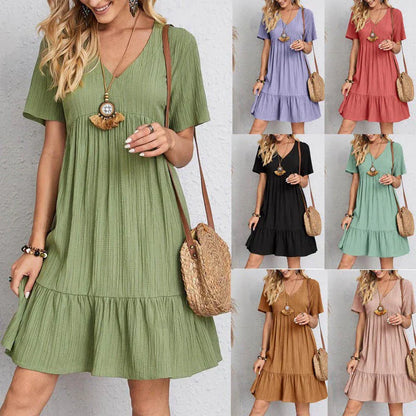 Boho Sommerkleid Damen – V-Ausschnitt, Kurzarm, Leichtes Material