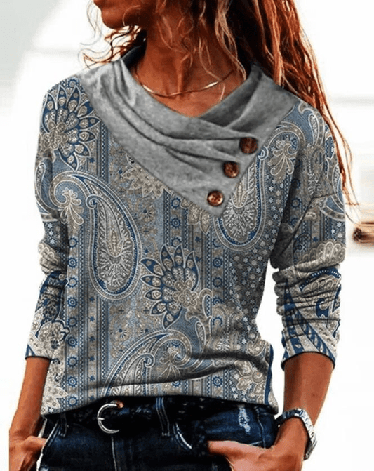 Damen Pullover - Asymmetrischer Cowl Neck mit Knöpfen - Lockerer Sitz - Vintage Boho Look