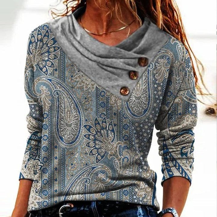 Damen Pullover - Asymmetrischer Cowl Neck mit Knöpfen - Lockerer Sitz - Vintage Boho Look