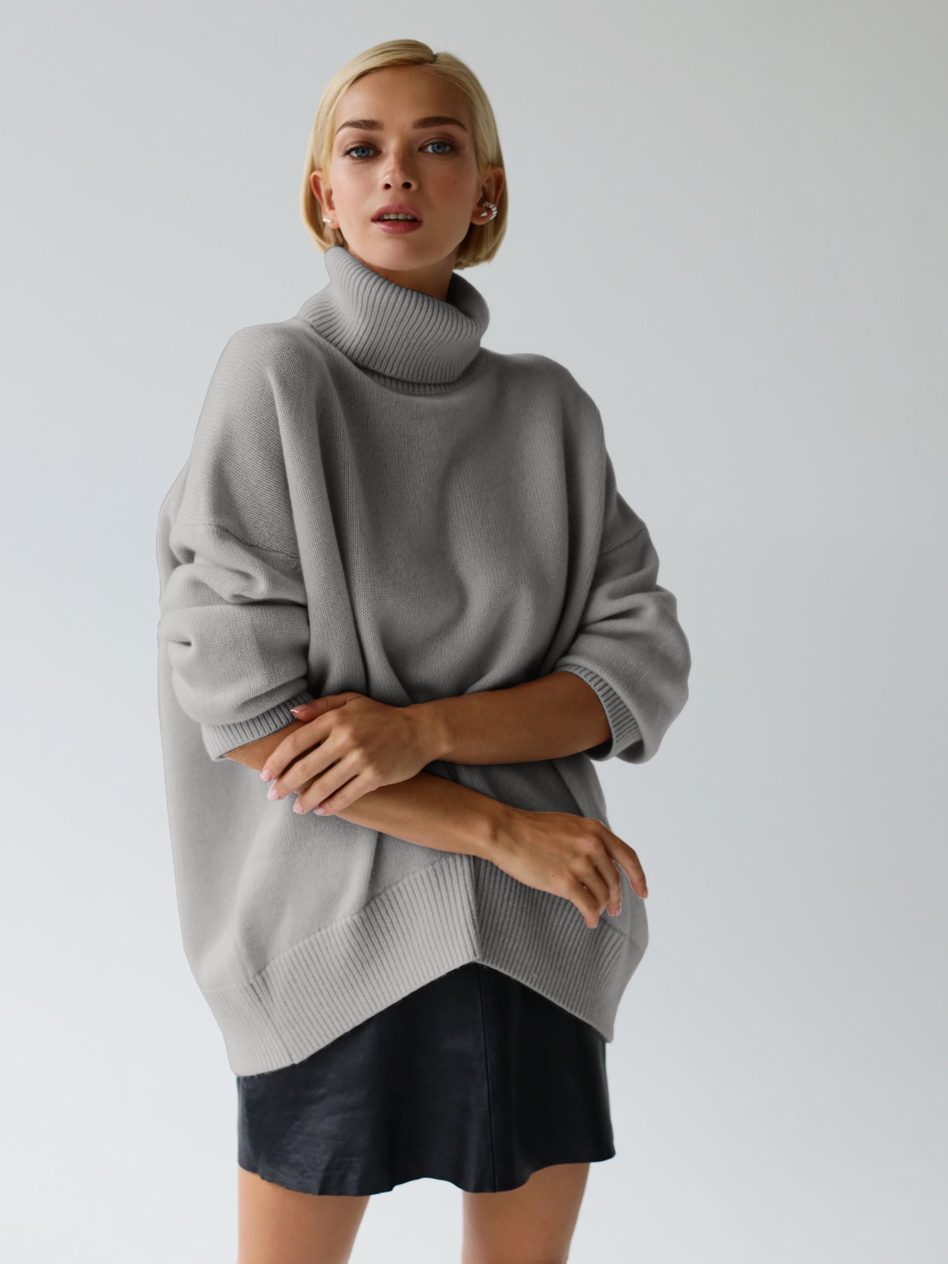 Damen Rollkragenpullover – Weicher Strick – Oversize Passform – Gerippte Details