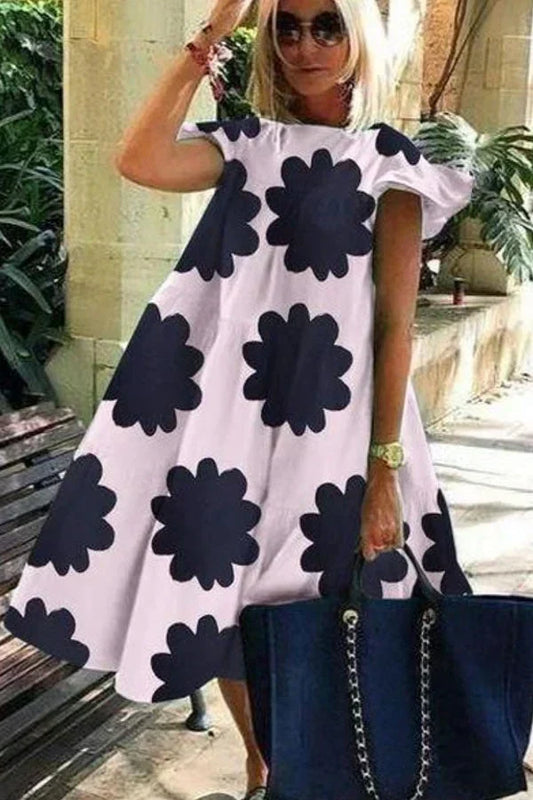 Sommer Damenkleid - Kurze Ärmel - A-Linie mit Blumenmuster