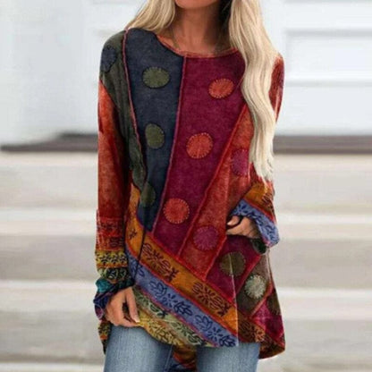 Damen Tunika - Boho Stil Patchwork - Lockere Passform - Langarm mit Stickerei