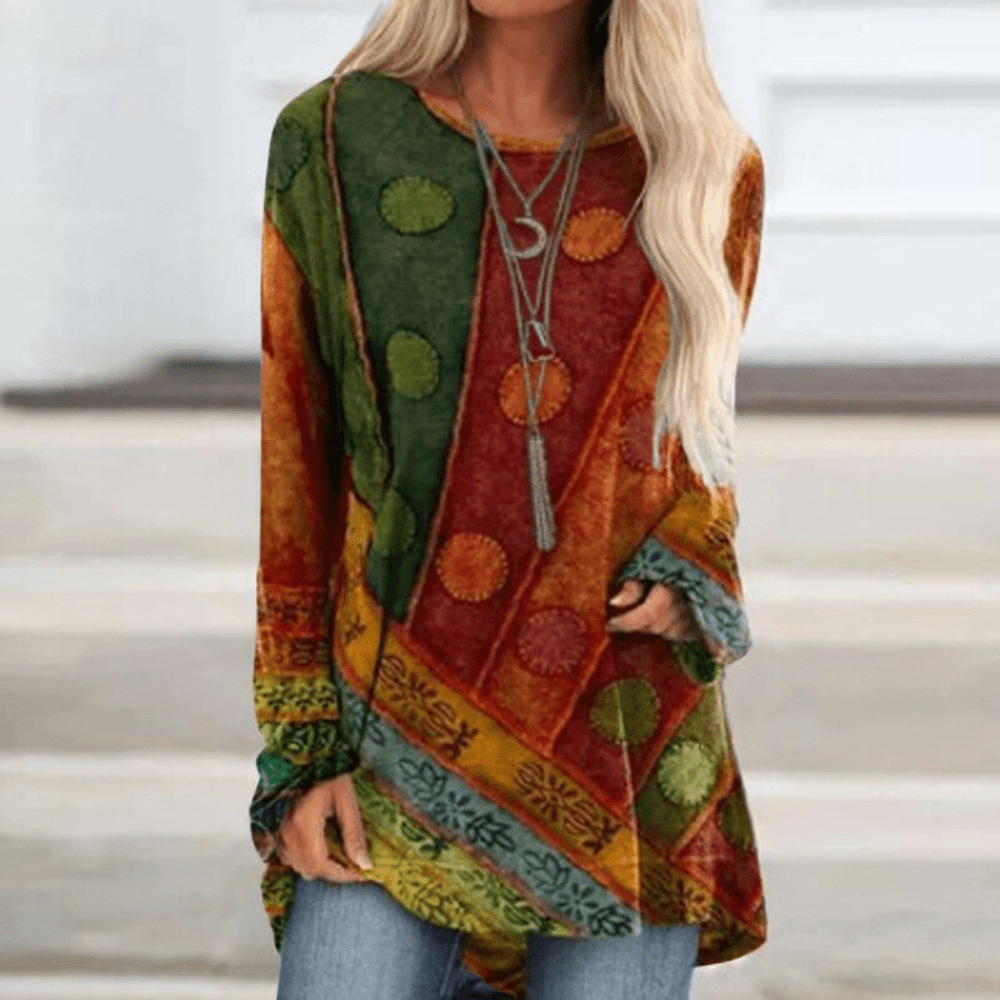 Damen Tunika - Boho Stil Patchwork - Lockere Passform - Langarm mit Stickerei