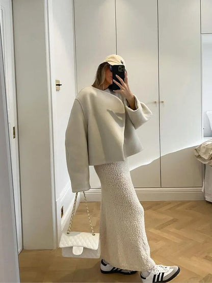 Damen Kurzmantel - Oversized Schnitt - Doppelreihig - Weicher Wollmix - Breiter Kragen