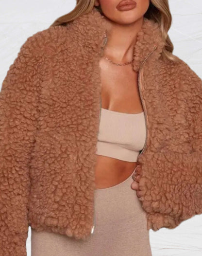 Damen Fleecejacke – Weiches Teddyfell – Hoher Kragen – Reißverschluss – Bequeme Passform