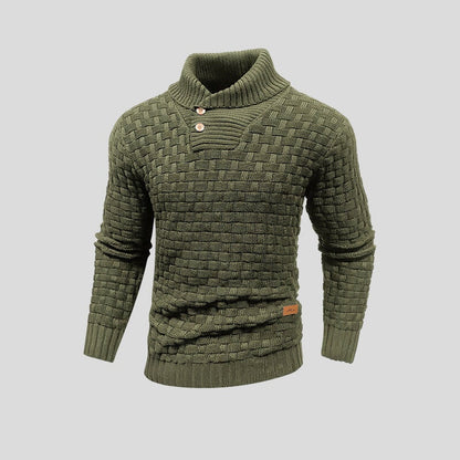 Herren Strickpullover – Basket-Weave Muster – Hoher Kragen mit Holzknöpfen – Gerippte Bündchen