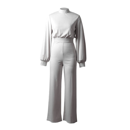 Damen Slim Fit Jumpsuit aus Stretch mit Halbkragen und Langen Ärmeln